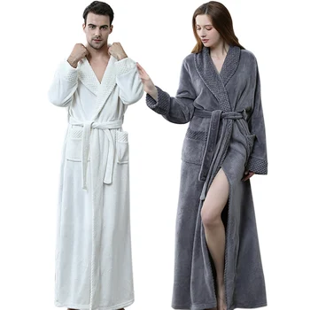 Lovers Extra Long Warm Flannel Bathrobe Plus Size Men Women Winter Coral Fleece Bath Robe Cozy Dressing Gown Spa Bride Sleepwear
