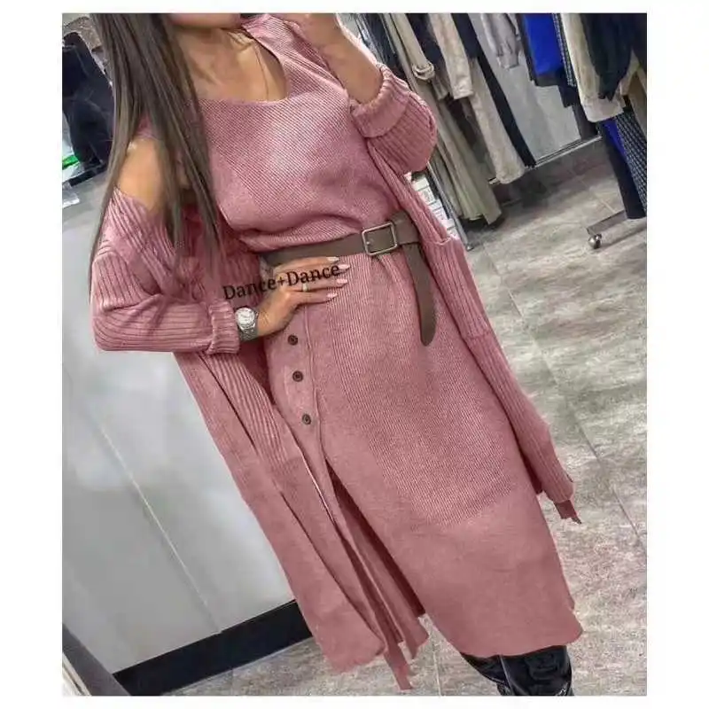

Medium Limited V-neck Full Mid-calf None Length Knit Women Coat + Two-piece Dress 2019 New Knitted Suits