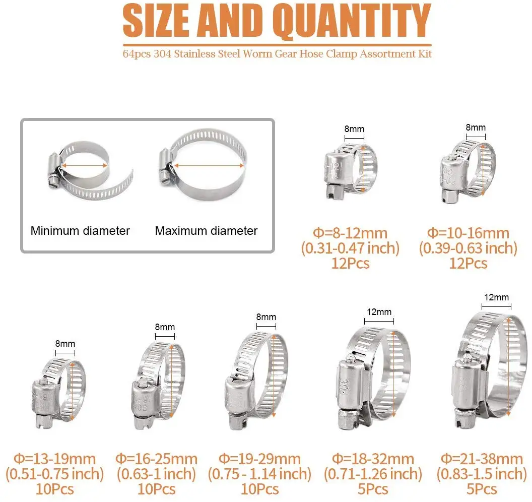 다양한 파이프용 웜 기어 호스 클램프 구색 키트, 직경 8 38mm, 64 개, 자동차 기계용