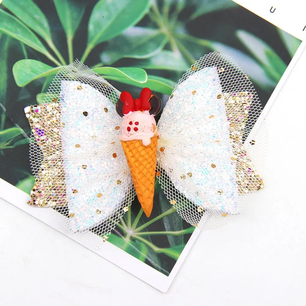 

3" Sparkly Hair Clip for Girls Cute Ice Cream Glitter Hair Bows Net Yarn Bowknot Hairpins Baby Kids Birthday Hair Accessories