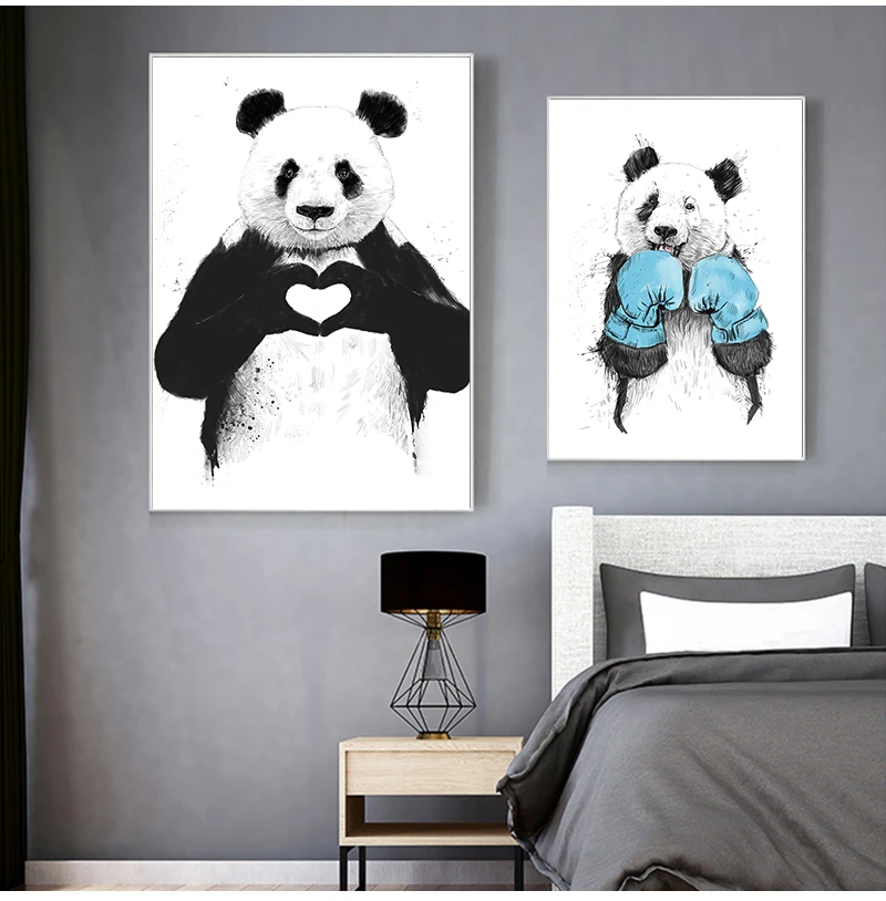 Prints Panda Heart Gesture Boxing Wall Art Posters Nursery Picture for Kids Room Decor Baby Room Cute Animal Canvas Painting