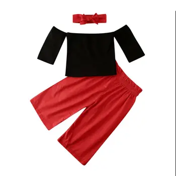 

CANIS 3PCS Toddler Baby Kids Girls Solid Color Off Shoulder Tops T-shirt Pants Headband Clothes Outfits