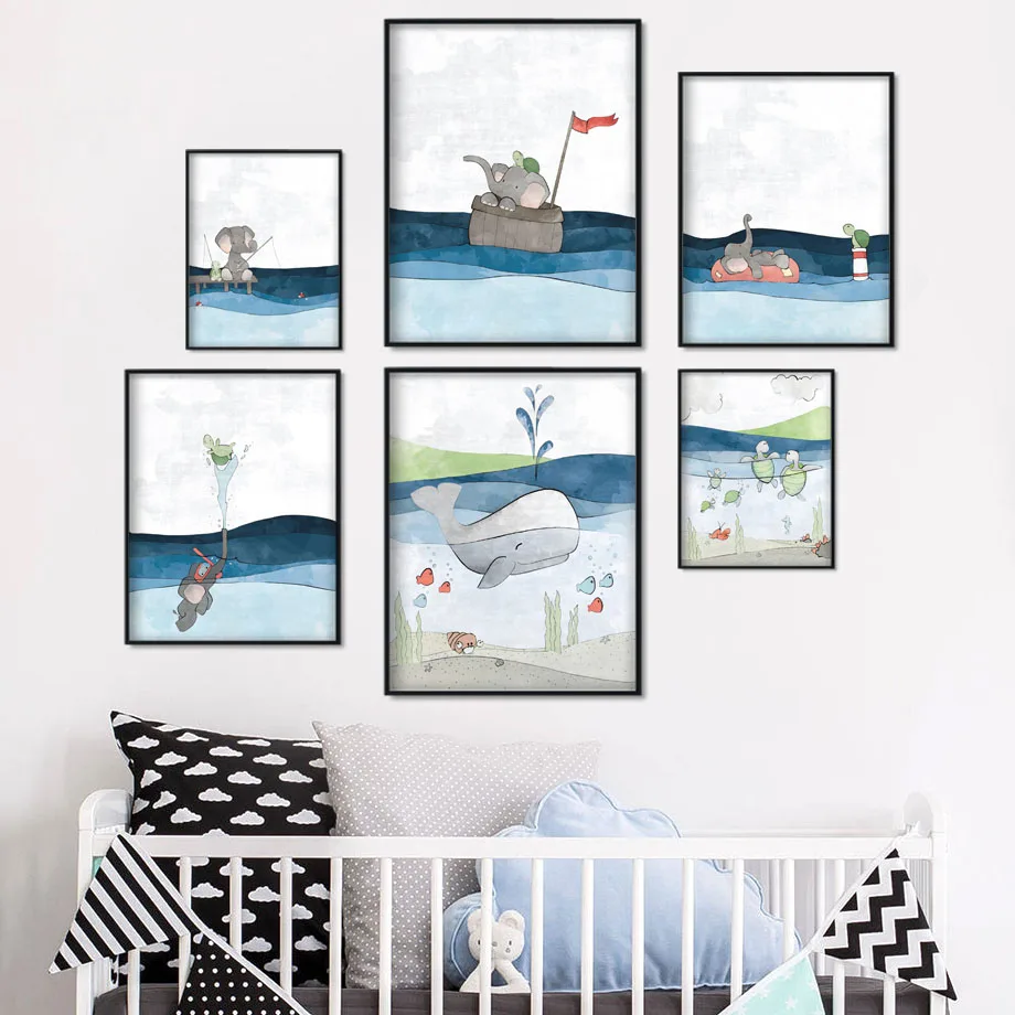 

Blue Sea Whale Elephant Tortoise Wall Art Canvas Painting Cartoon Nordic Posters And Prints Wall Pictures Baby Kids Room Decor