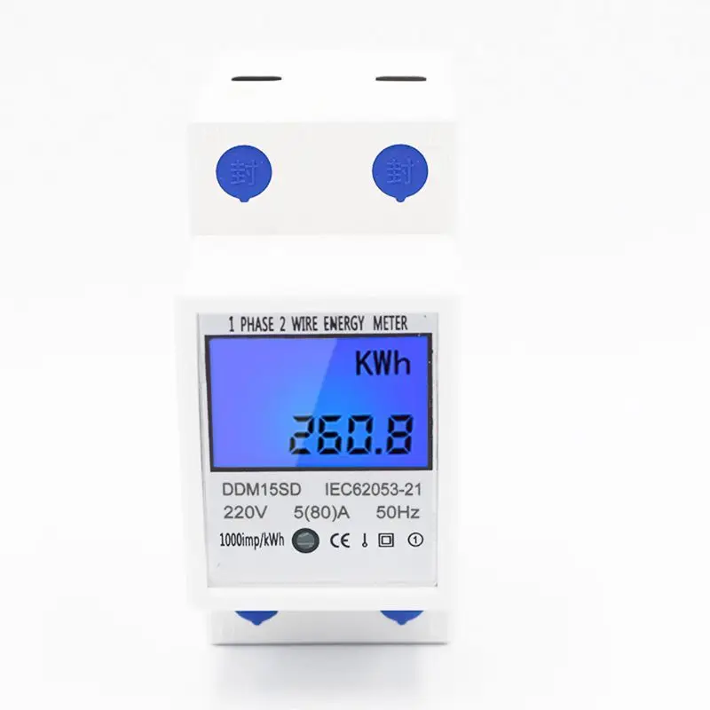 Однофазный 2 провода Din Rail 5(80A) счетчик энергии Электрический счетчик монитор DDM15SD с ЖК-подсветкой