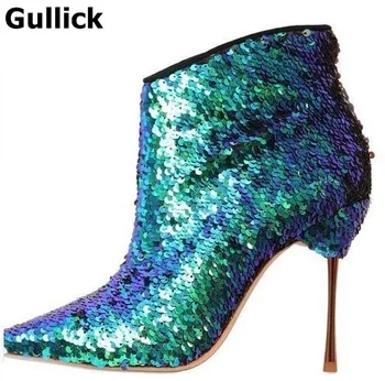 

Bling Sequin-Embellished Ankle Boots Women Metallic Leather Gold-tone Stiletto Heels Bootie Pointed toe Side Zipper