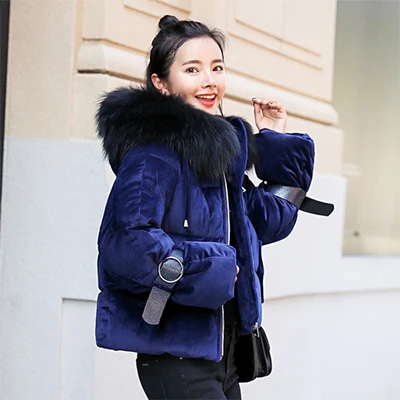 Royal blue Меховые с капюшоном золотые бархатные хлопковые пуховики женские корейские Утепленные зимние куртки пальто уличная Женская Плюс Размер короткая верхняя одежда - Цвет: Royal blue