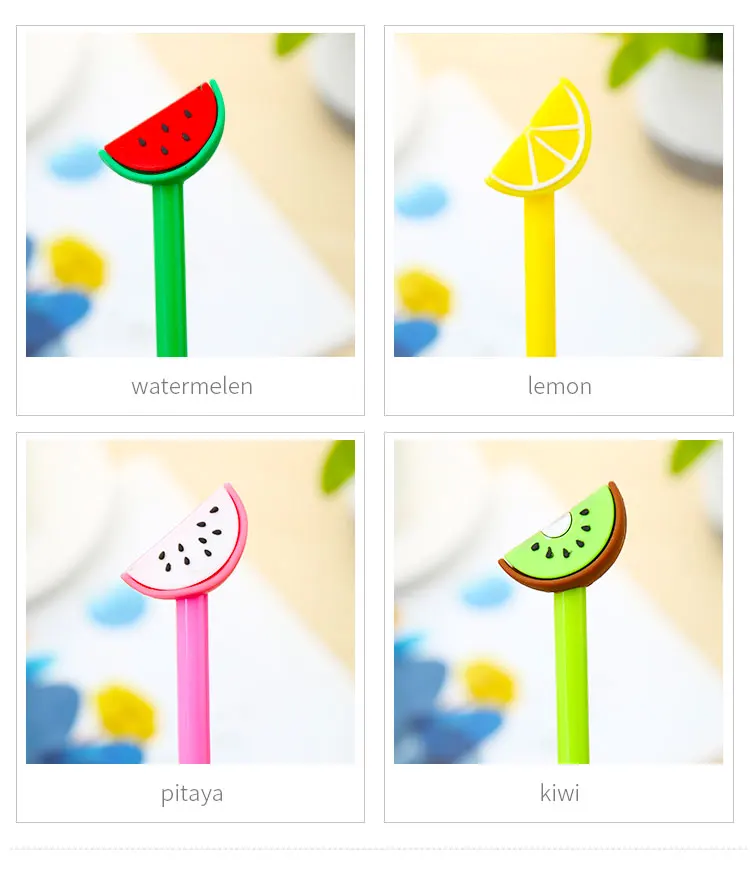 12Pcs/pack Creative Novelty Fancy Kiwi Fruit Gel Pens Blue Ink Kawai Stationery Watermelon Dragon Pencil Case Bag Stationary Bts