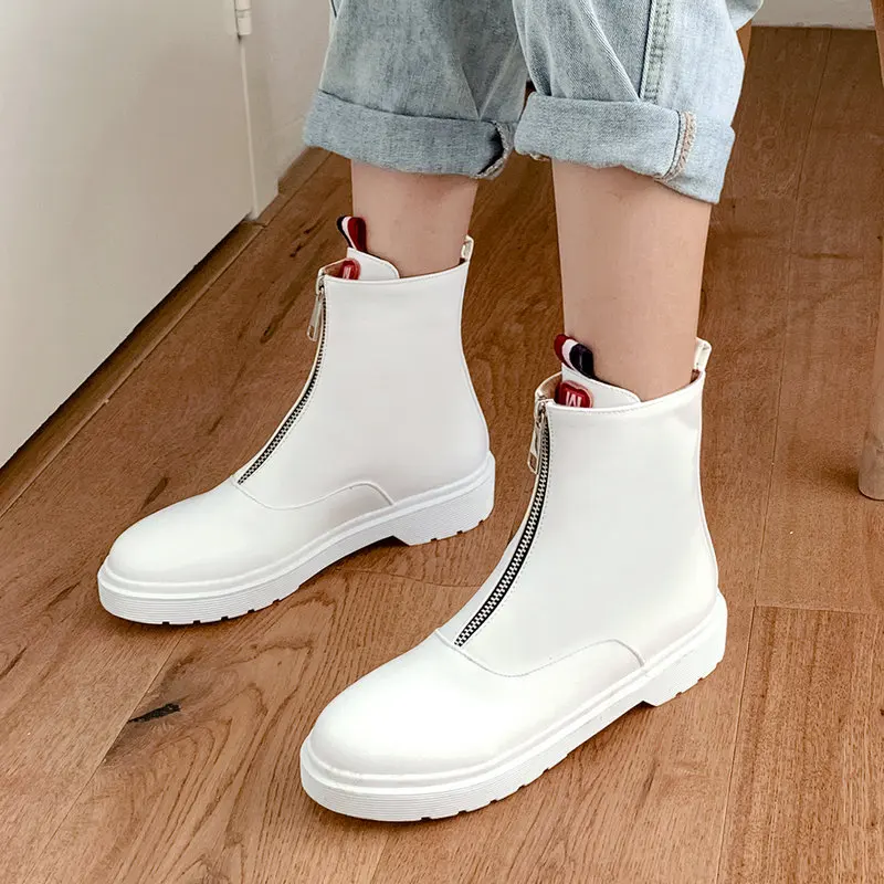 

Autumn Boots Fashion Front Zipper Women Boots Flat Heel Ankle Boots Comfortable Round Toe Fur Plush Winter Female Boots Shoes