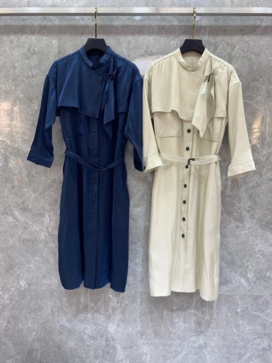 

2019 Early autumn new women's round collar irregular lotus leaf edge stitching tie-in waist long sleeve windbreaker jacket 913