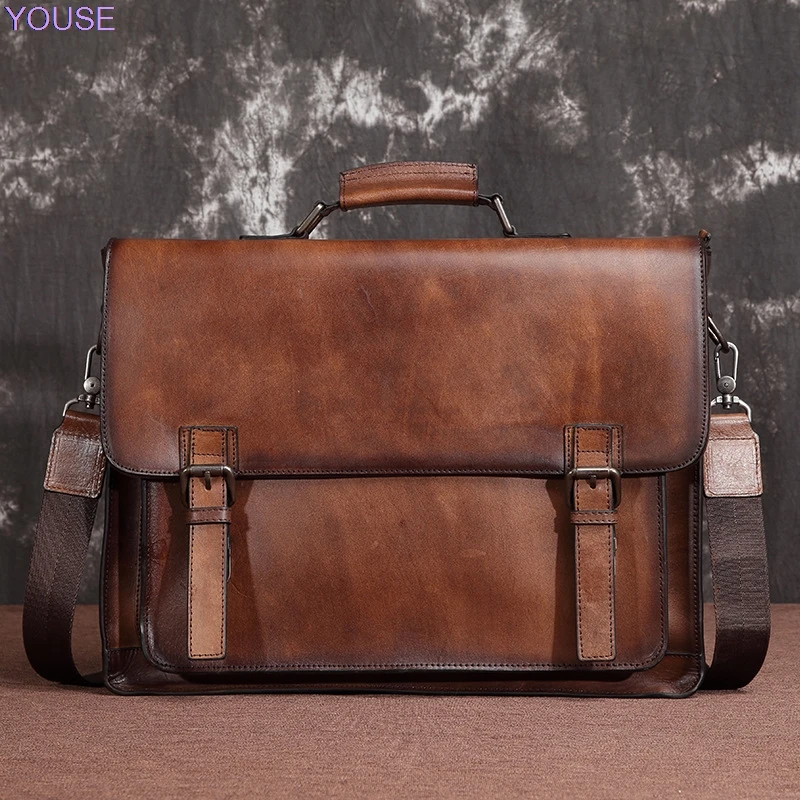 

MEN'S Real-leather Bag Retro Briefcase Full-grain Leather Cowhide Men Cross Briefcase MEN'S Handbag 8122