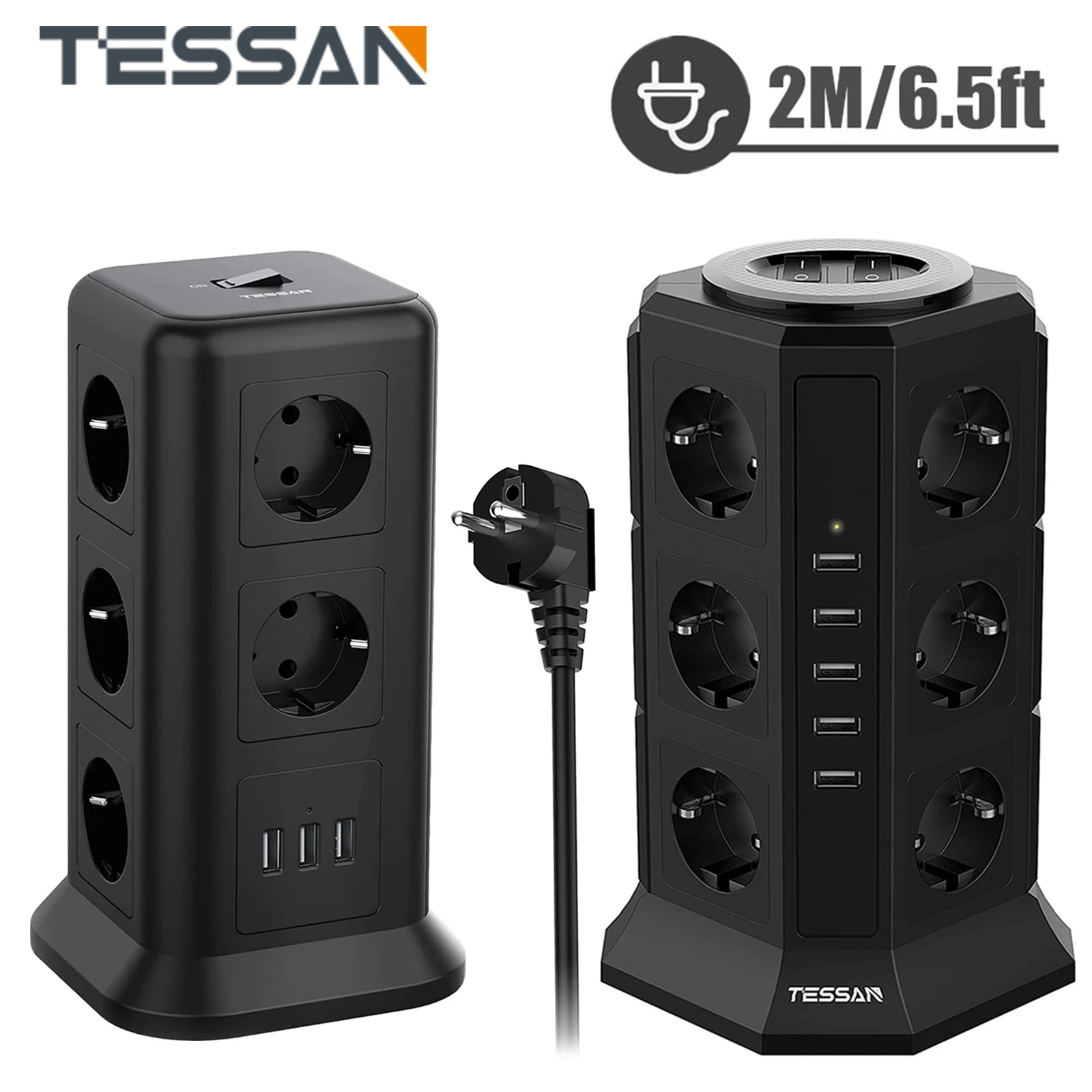 

TESSAN Multiple Socket Power Strip, 11-Way Socket Tower (2500W/10A) with 3 USB Ports (5V/3.1A) and 2.0M Cable for Home, Office