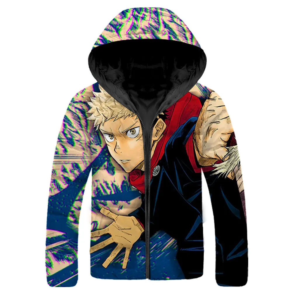 SONSPEE Anime Jujutsu Kaisen Printed Coat Men's Winter Jacket Hooded Fashion Parka Men Down Jacket Casual Thicken Warm Overcoat