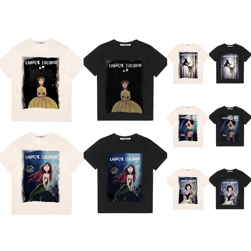 

Charlie Luciano Black White Harajuku T-shirt high quality men women hip hop fashion Tee Charlie Luciano cartoon print T-shirt