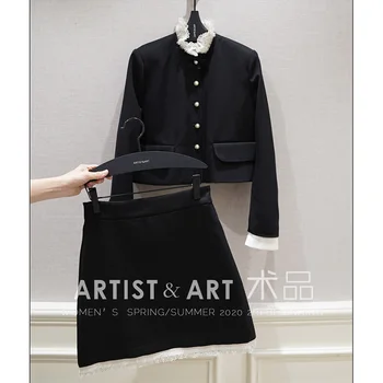 

Svoryxiu Designer Autumn High-End Wool Black Skirt Suit Long Sleeve Pearl Single-Breasted Coat + Lace Skirt Office Lady Set