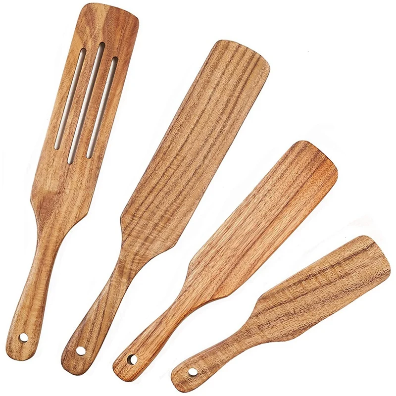 Wooden Spurtles Set,4 Pcs Teak Cooking Utensils,Non Stick Wood Cookware
