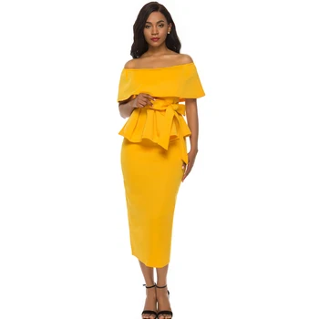 

2 Pieces Sets Spring Women Pencil Skirts with One Shoulder Peplum Tops Suits Elegant Officewear Slim Jupes Lady Fashion Summer