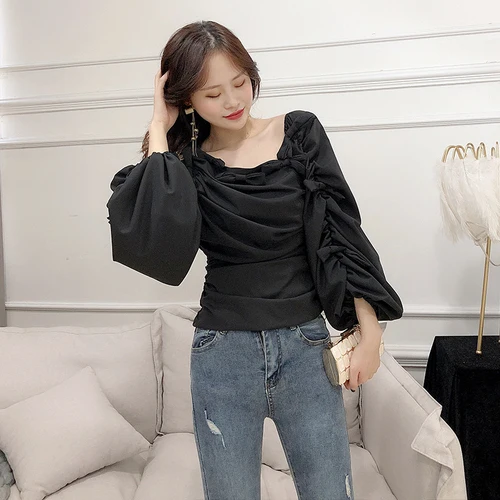 black Neploe, асимметричный воротник без бретелек, Blusas, топ, Осень-зима, Корейская нижняя рубашка, фонарь, длинный рукав, одноцветные, тонкие блузки 55958 - Цвет: black