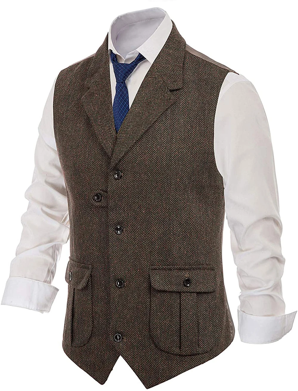 Men's Casual Suit Vest Notch Lapel with Two Pockets Herringbone Waistcoat for Wedding Groomsmen