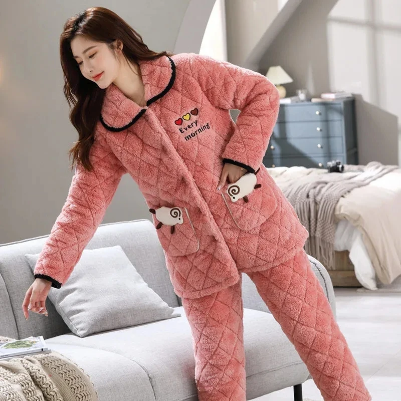 Pajamas Women Winter Sets Three-Layer Thick And Velvet mid-Long Quilted 2PCS Women's Cotton-Padded Jacket Home Service Suit 996