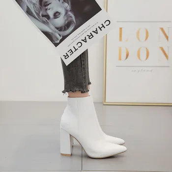 

Super High Heel Thick Heel Short Boots Women Korean Version 2020 Autumn and Winter White Pointed High Heel Women Boots All-match