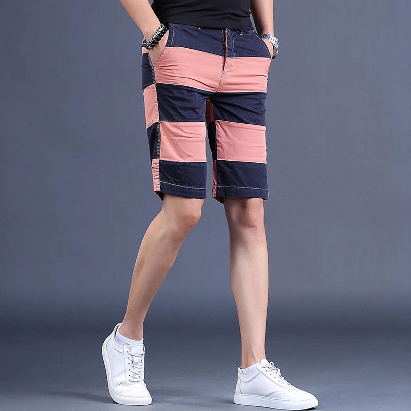 Summer Men Striped Shorts Beach Casual Slim Fit Straight Cotton Shorts