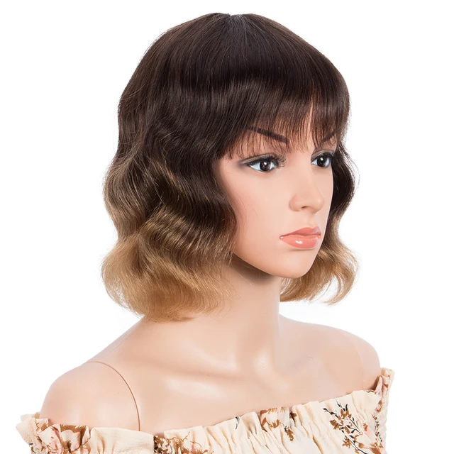 Lekker Short Deep Wave Bob Human Hair Wig With Bangs For Women Colored Brazilian Remy Natural Wavy Ombre Blonde Burgundy Red Wig BTY227