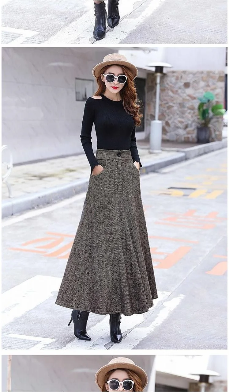 Vintage Striped Woolen Skirts Women Winter Fashion High Waist Office Warm Pleated Long Skirt Ladies Saia Longa AQ694