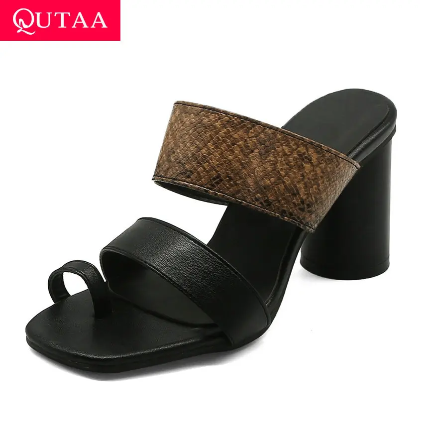 

QUTAA 2020 Square Open-toed Sandals Slingback Square Heel Slip on Women Shoes Pinch PU Leather Summer Ladies Pumps Big Size34-43