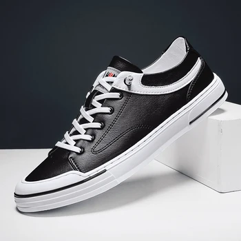 

Mens Sneakers Classic Casual Leather Shoes Round Toe Lace-up Fashion Shoes Male Comfortable Footwear Leisure Walk Black Sneakers