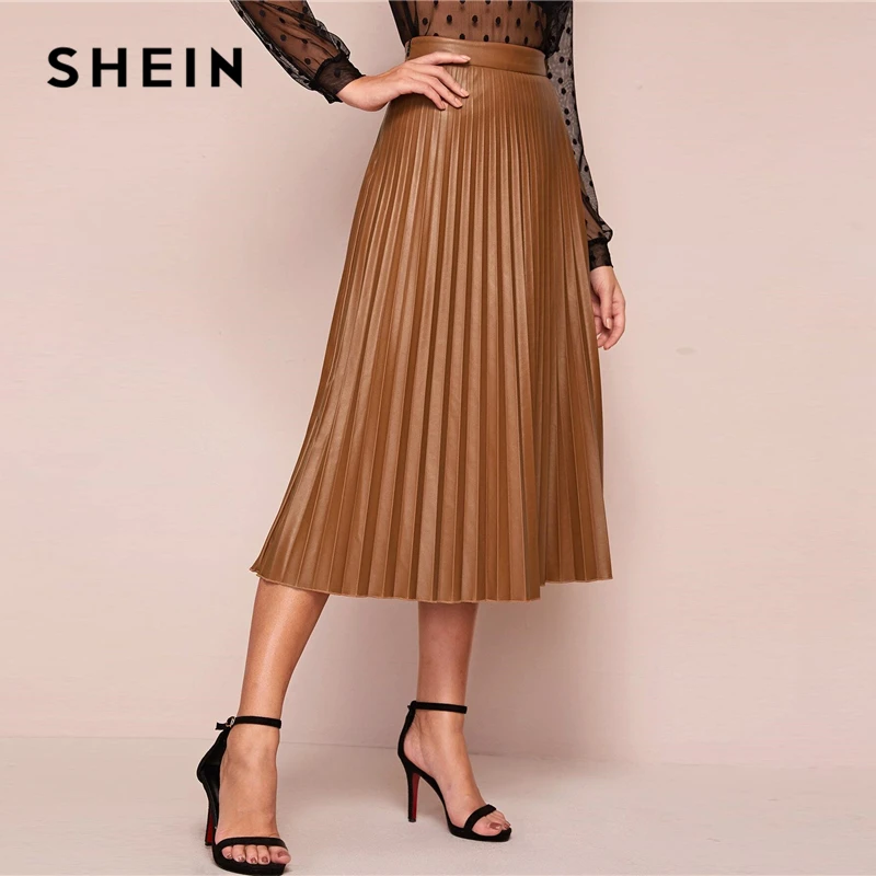 Женская плиссированная юбка SHEIN элегантная однотонная кожаная миди с высокой