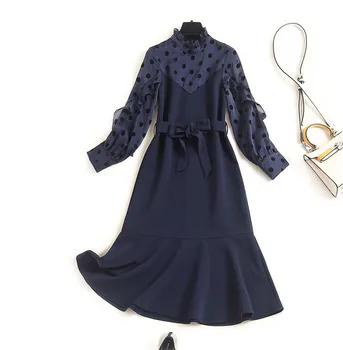 

Autumn Dress Long Sleeve Womens Clothing 2020 New Fashion Ruffle Neck Dot Print Patchwork Dress Elegant Lady Vestidos