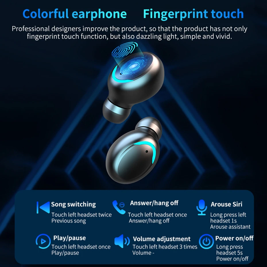VIR WIR 9D Hifi Sport Wireless Earphone Bass TWS Fingerprint Touch Bluetooth Earbuds For Xiaomi iphone With Mic Waterproof IPX7