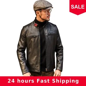 

2020 Black Men Slim Fit Motorcycle Leather Jacket Plus Size XXXL Genuine Thin Sheepskin Spring Russian Motorcycle Leather Coat