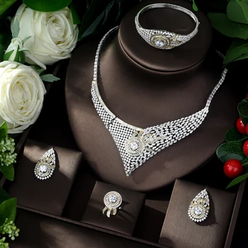 

HIBRIDE Newest Luxury Sparking Brilliant Cubic Zircon Necklace Earrings Wedding Bridal Jewelry Sets for Women Dress Party N-129
