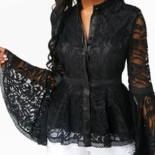 Women Lace Sexy Hollow Out Flared Sleeve Blouses Lady Black Patchwork Print Shirts Blusas Mujer De Moda