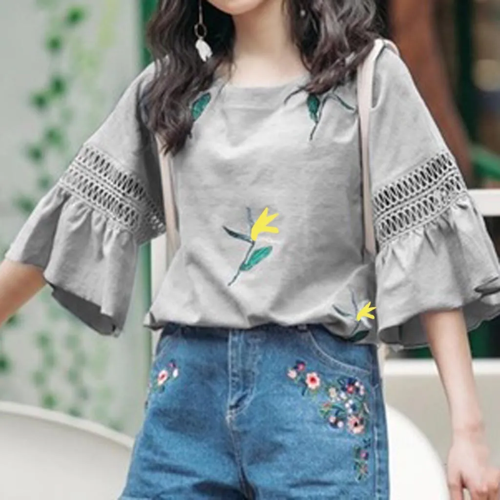 

Womens Tops And Blouses Summer Hollow Floral Print Lace Blouse Women Blouses Half Sleeve O-neck Ladies Top Chemisier Femme