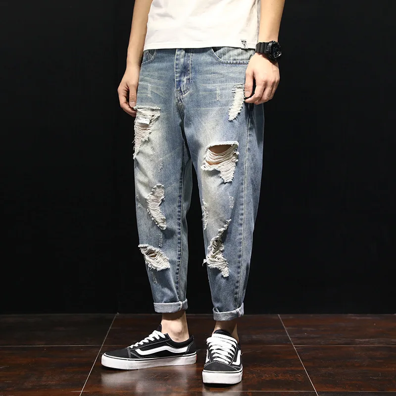 

High-quality Men's Jeans Spring Autumn Men Casual Street Hip-hop Ripped Jeans Retro Patch Harlan Nine Points Fashion Trend Jeans