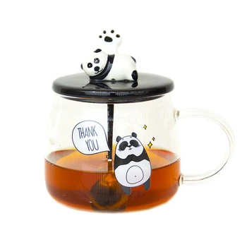 

500ml Creative Heat-resistant glass mug with lid milk breakfast coffee cup home borosilicate glass cartoon panda mug