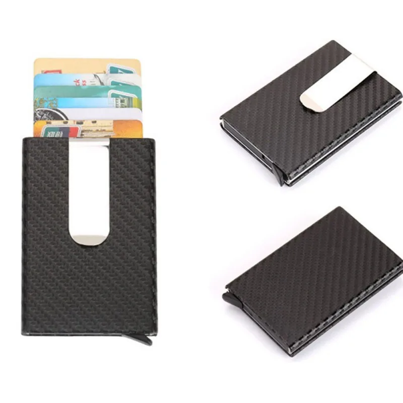 Business Aluminum Wallet Automatic Slide Card Case Carbon Fiber PU Leather Metal ID Credit Card Holder Clip id card holder,aluminum wallet