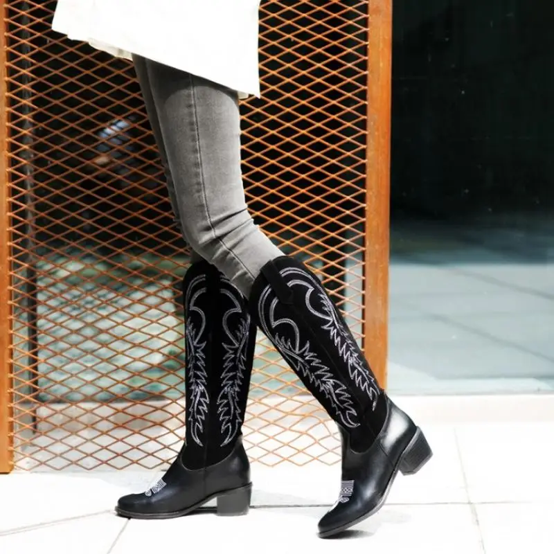 FITWEE New Women Knee High Boots Patchwork Vintage Shoes Woman Fashion Thick Heel Female Warm Winter Mujer Zapatos Size 33-46