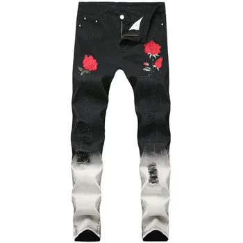 

2020 New Arrival Men's Rose Embroidered Slim Jeans Patchwork Fashion Hole Hit Color Jeans Pencil Pants