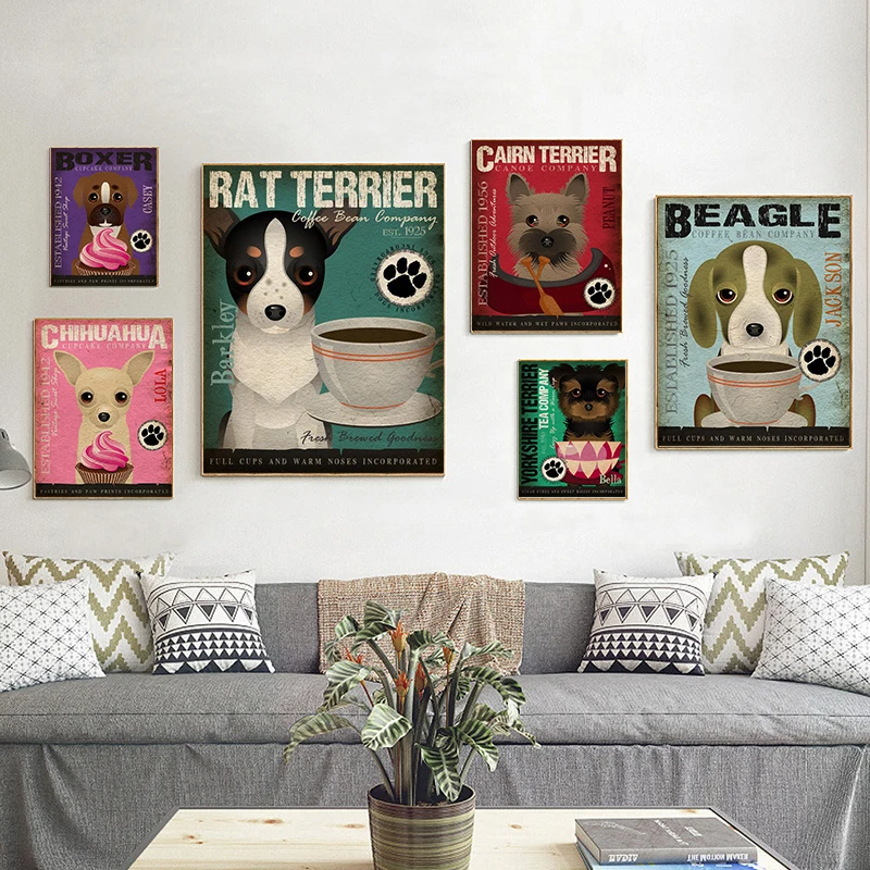 Ice Cream Coffee Brown Pink Cute Dog Oil Painting Poster Retro Pet Animal Wall Art Living Room Home Decoration Canvas Print | Дом и сад