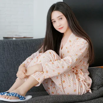 

XIFER Spring and Autumn Japanese Kimono Cotton Sleepwears Women Long-sleeved Suit Plus Size XL Pajamas Ladies Home Service