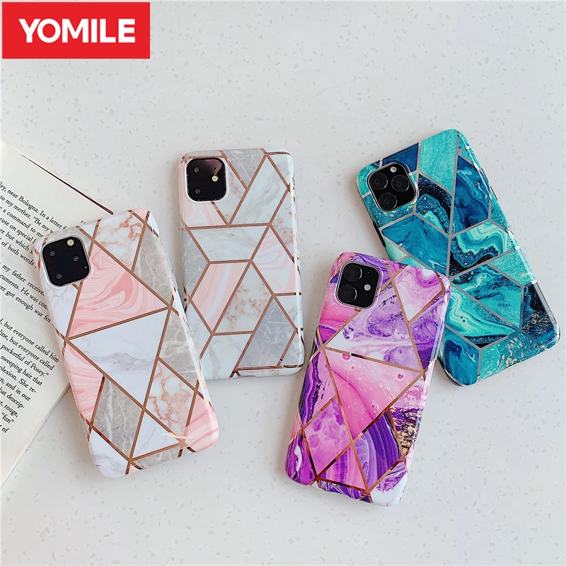 

Fresh Watercolor Plating Geometric Split joint Pattern Cover For iphone 6 S 6S 7 8 Plus X XR XS MAX Case For iphone 11 Pro Max