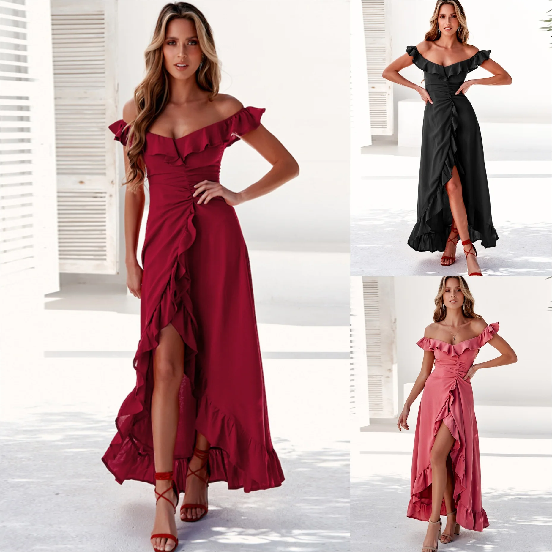 Women Summer Maxi Dress Sexy Ruffles Dresses Off Shoulder Sundress Fashion Elegant Deep V-Neck Backless Party Outfits | Женская одежда