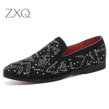 

2019 New Men loafers Black Diamond Rhinestones Spiked Loafers Rivets shoes Red Bottom Wedding Party Shoes