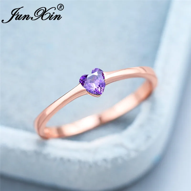 Purple Ring Изящное сердце любовь кольцо из розового золота кольца из стерлингового серебра 925 для женщин зеленый фиолетовый синий кристалл тонкие кольца, обручальные кольца CZ - Цвет основного камня: Purple Ring