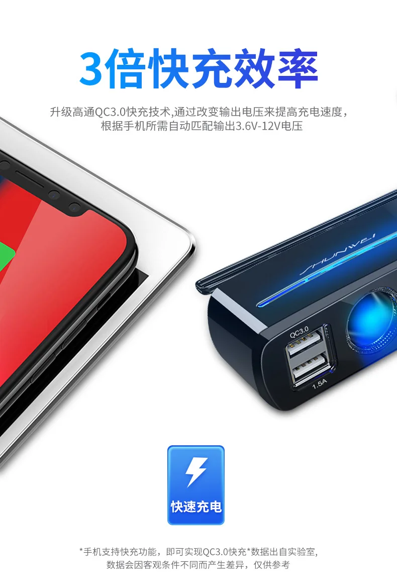 Автомобильное зарядное устройство Shunwei с двумя usb-портами для прикуривателя Qc3. 0 тройной Sd-1939d