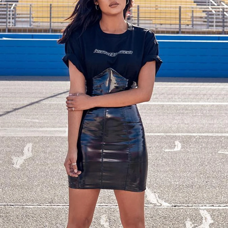 Черная Женская высокая талия Bodycon PU кожа стрейч бизнес OL карандаш миди юбка