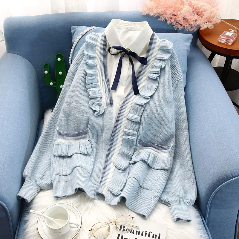 light blue ruffles women sweaters autumn winter new v-neck knitted loose pockets lantern sleeved thicken warm elegant outwear coat top - Цвет: light blue